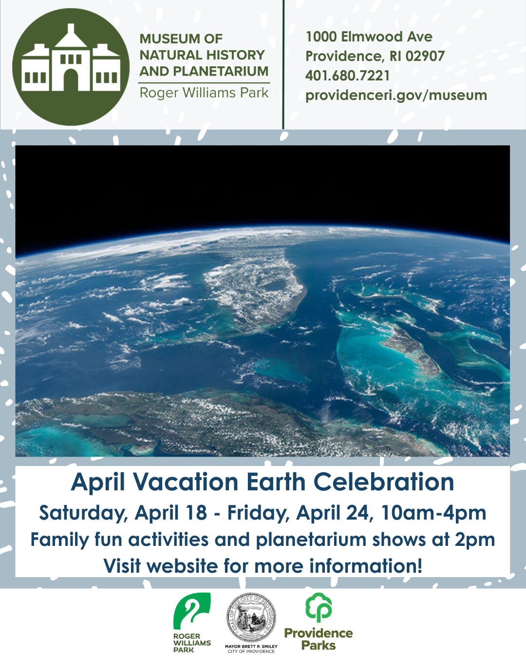 Earth view from space with text promoting April Vacation Earth Celebration at the Museum of Natural History.