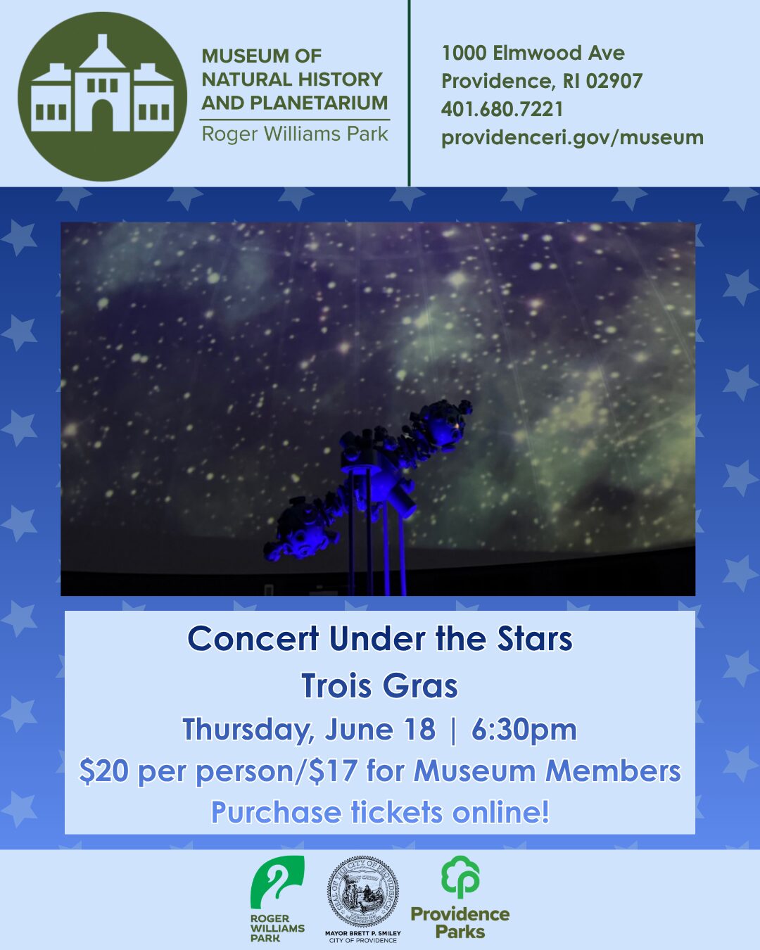 Concert announcement for "Trois Gras" at the Museum of Natural History, June 18, 6:30 PM. Tickets available online.