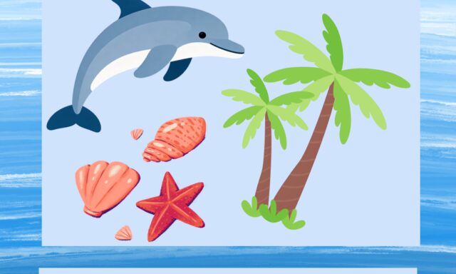 Dolphin swims above seashells and a starfish near palm trees. Event details for Discovery Tykes: Beach Day.