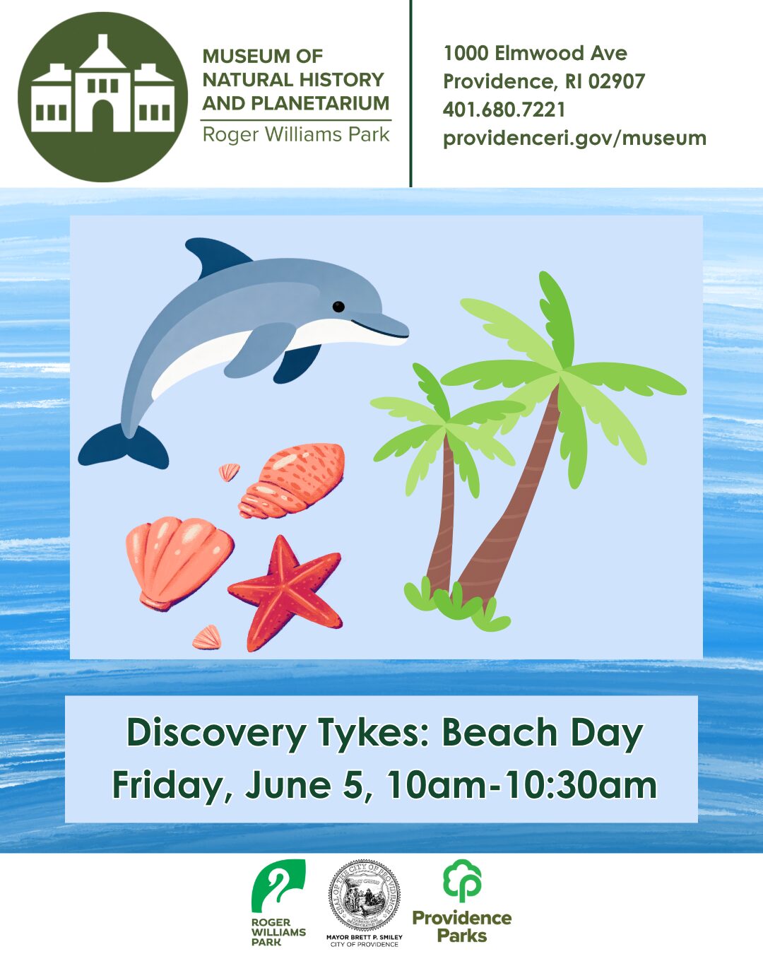 Dolphin swims above seashells and a starfish near palm trees. Event details for Discovery Tykes: Beach Day.