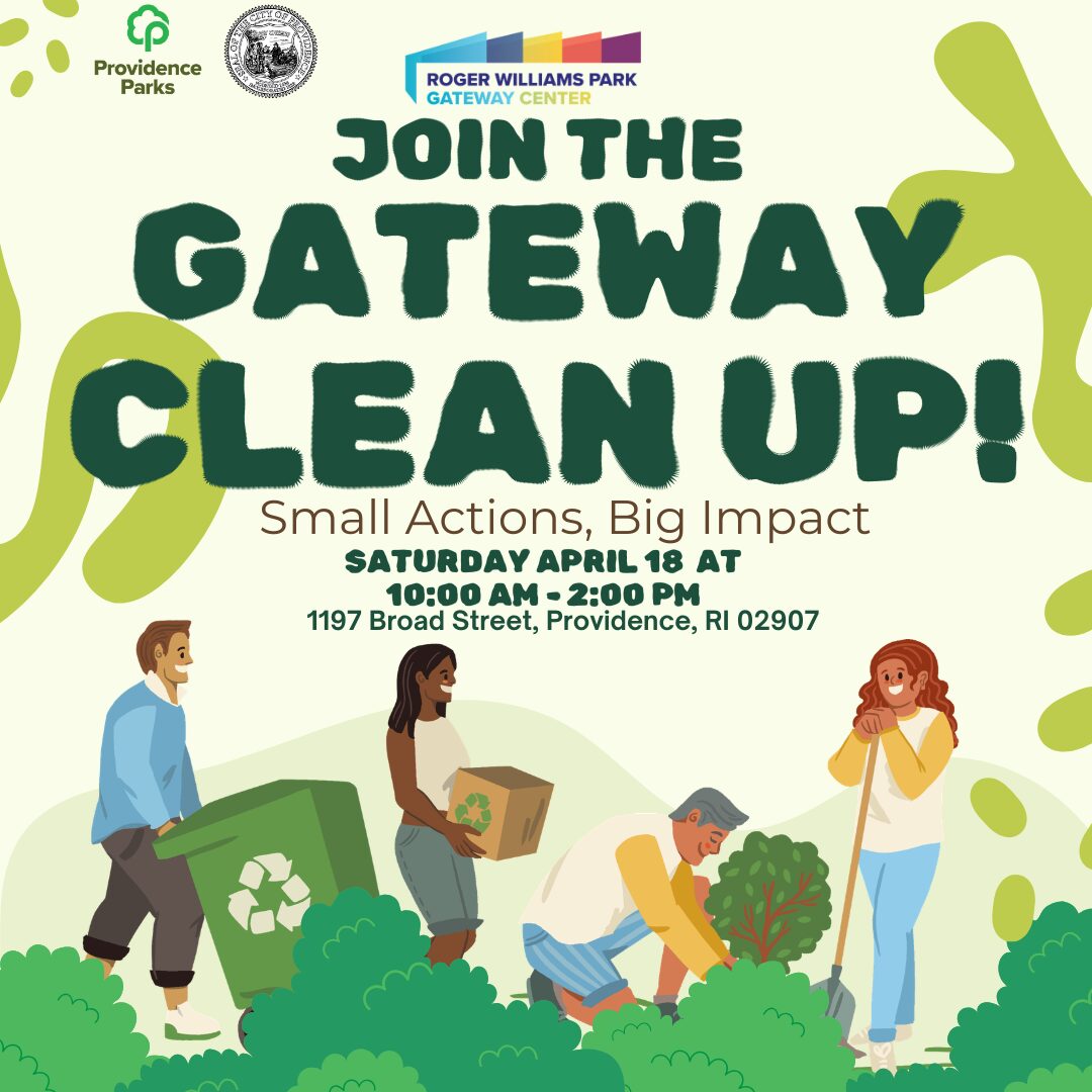 Community members participate in a park cleanup event, collecting recyclables and planting. Event details included.