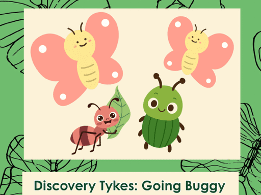 Two butterflies, an ant, and a green bug on a leaf, promoting a children's event about insects.