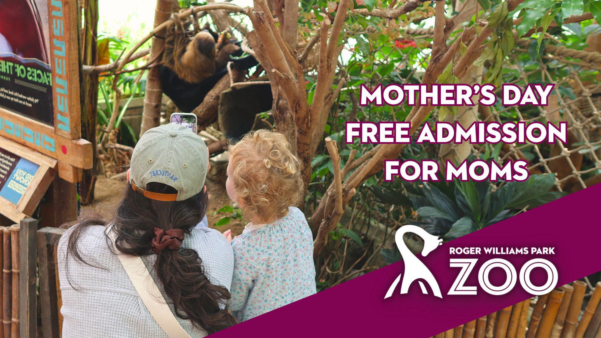 A woman and child watch a sloth at the zoo, with a sign promoting Mother's Day admission.