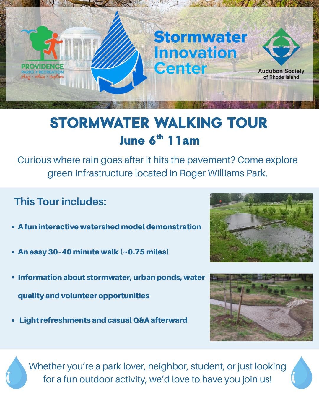 Promotional flyer for a Stormwater Walking Tour at Roger Williams Park, highlighting activities and details.