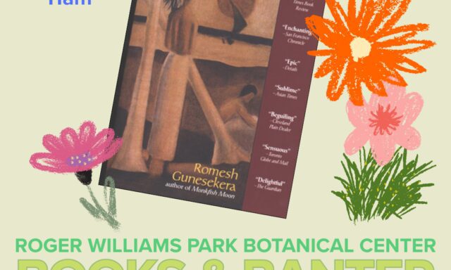 Book club announcement for "Reef" by Romesh Gunesekera at Roger Williams Park Botanical Center on June 7 at 11 AM.
