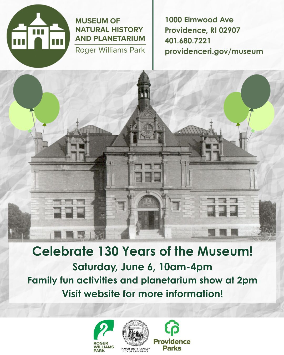 Historic museum building with balloons, promoting 130th anniversary celebration and family activities.