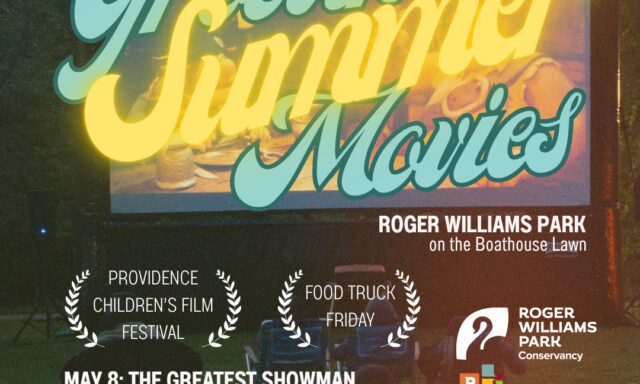 Outdoor movie event schedule at Roger Williams Park, featuring family-friendly films and food trucks.