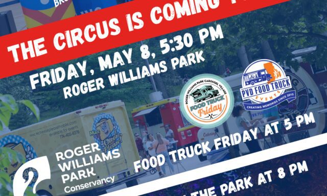Two performers in blue shirts promote the circus event at Roger Williams Park, featuring food trucks and movies.