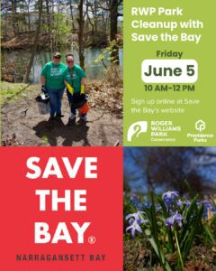 Two women in green shirts hold cleanup supplies by a pond, promoting a park cleanup event. Spring flowers bloom nearby.