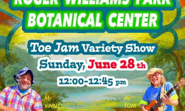 Two performers, Mr. Vinny and Mr. Tom, promote the Toe Jam Variety Show at Roger Williams Park Botanical Center.