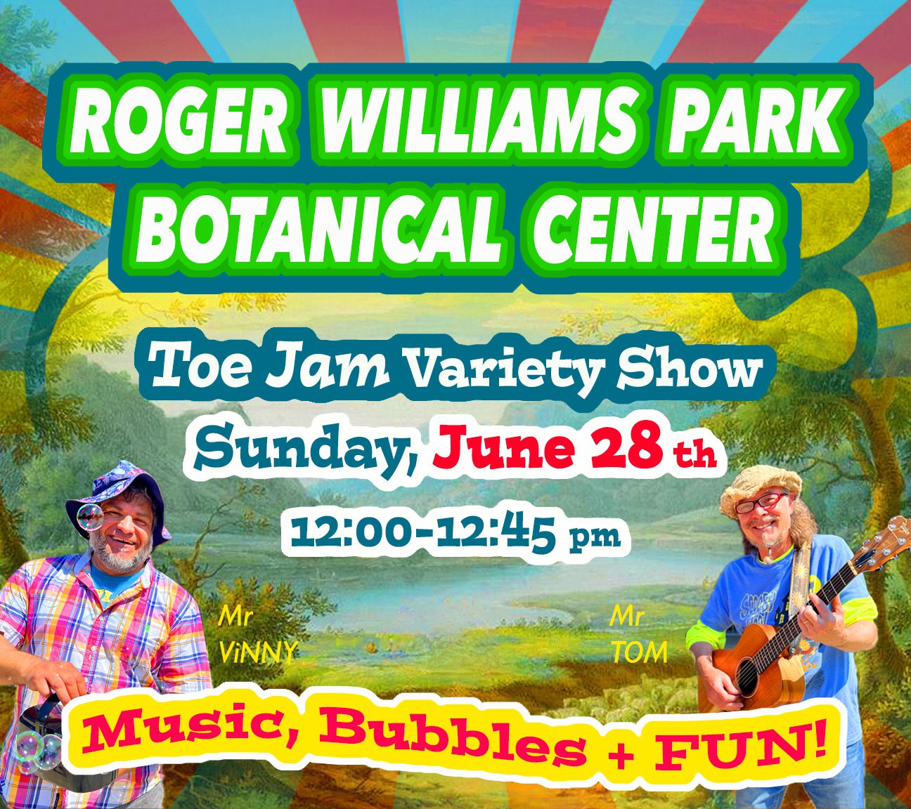 Two performers, Mr. Vinny and Mr. Tom, promote the Toe Jam Variety Show at Roger Williams Park Botanical Center.