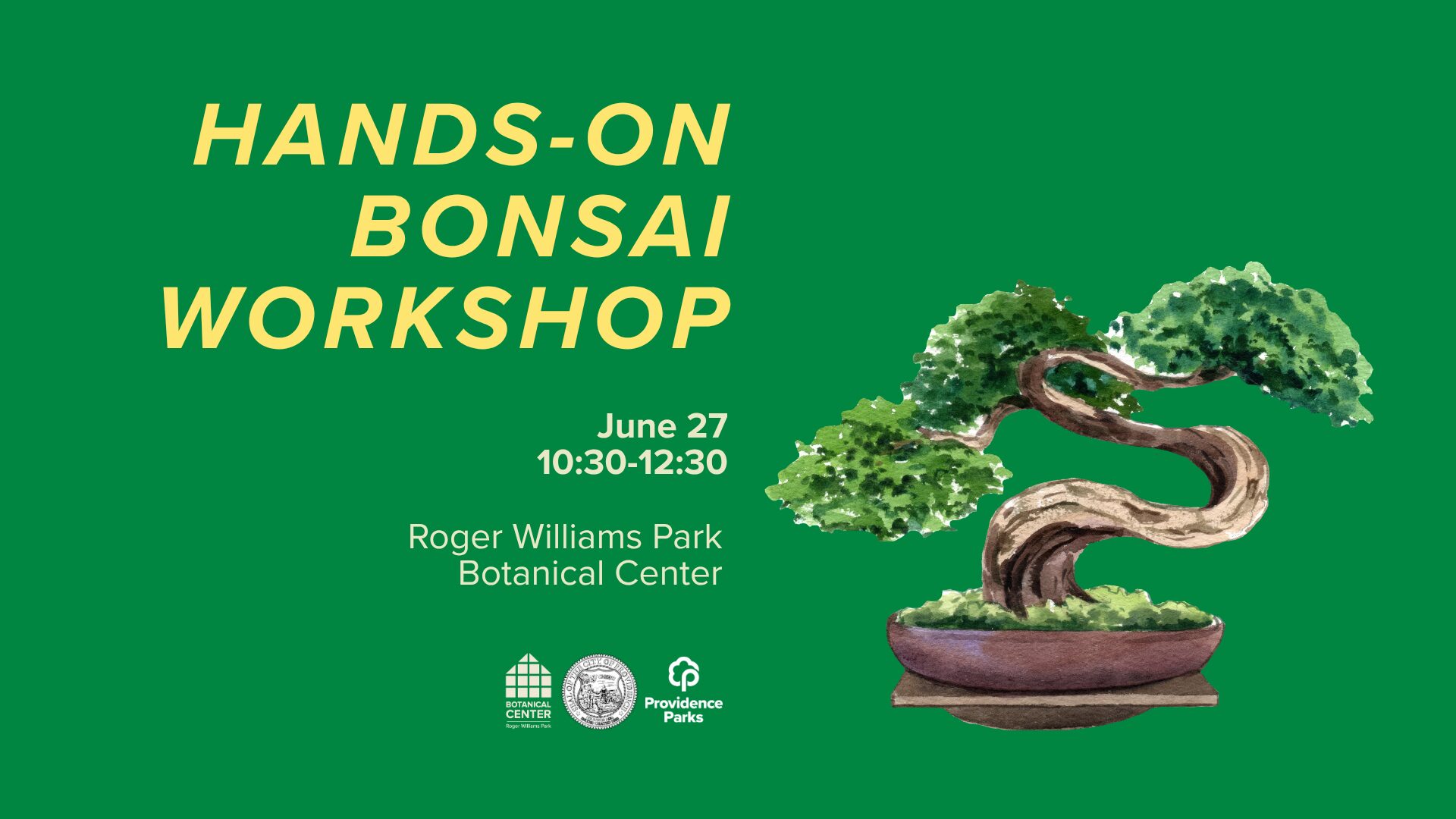 Bonsai tree illustration with workshop details for June 27 at Roger Williams Park Botanical Center.