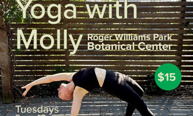 A person performs yoga in a greenhouse setting, promoting a class at Roger Williams Park Botanical Center.