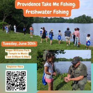 Children and adults fish by a lake; a police officer shows a girl a fish. Event details and QR code included.