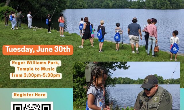 Children and adults fish by a lake; a police officer shows a girl a fish. Event details and QR code included.