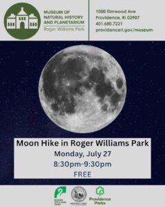 Full moon over a starry sky with event details for a Moon Hike at Roger Williams Park.