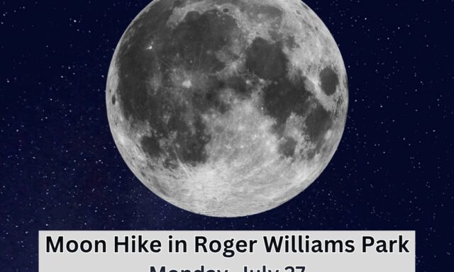 Full moon over a starry sky with event details for a Moon Hike at Roger Williams Park.