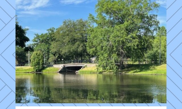Lush greenery and a serene pond in Roger Williams Park, promoting an Urban Naturalist Hike event.