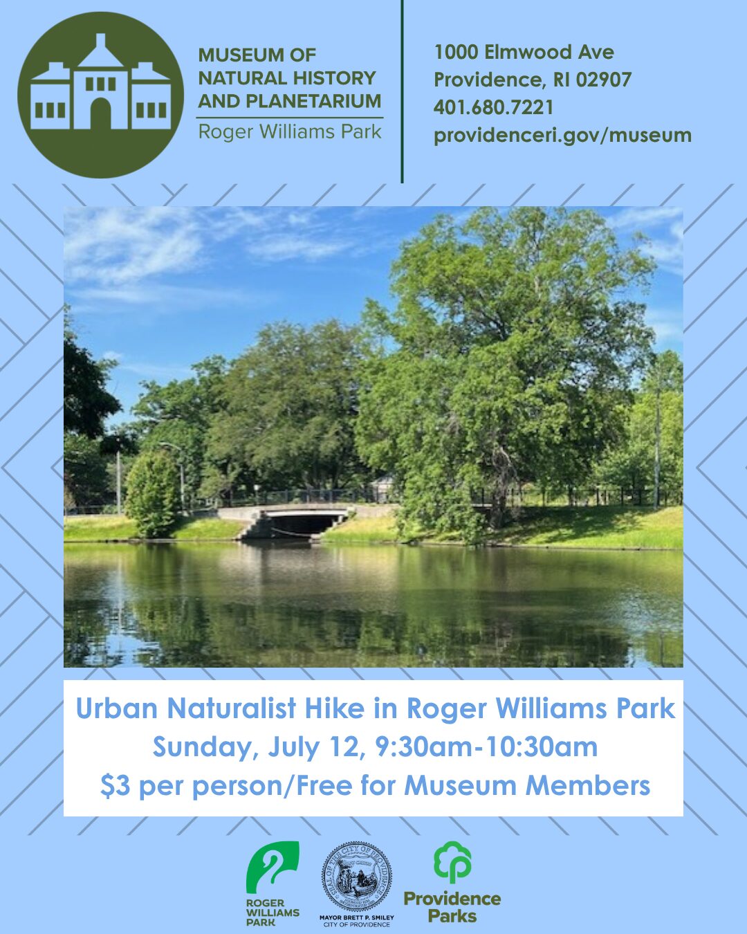 Lush greenery and a serene pond in Roger Williams Park, promoting an Urban Naturalist Hike event.