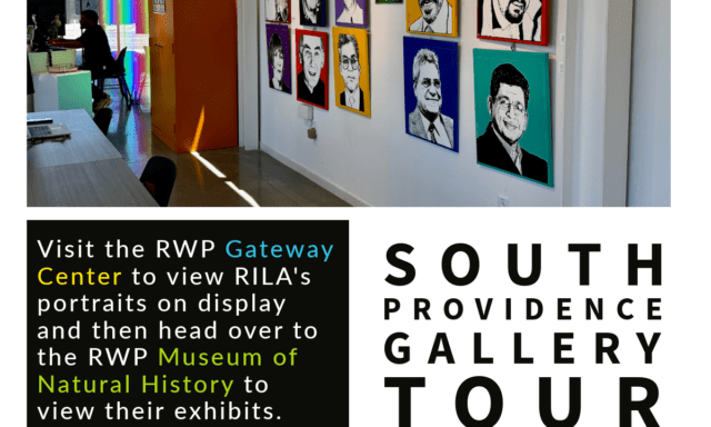 Colorful portraits line the wall in the RWP Gateway Center, with a visitor seated at a table.