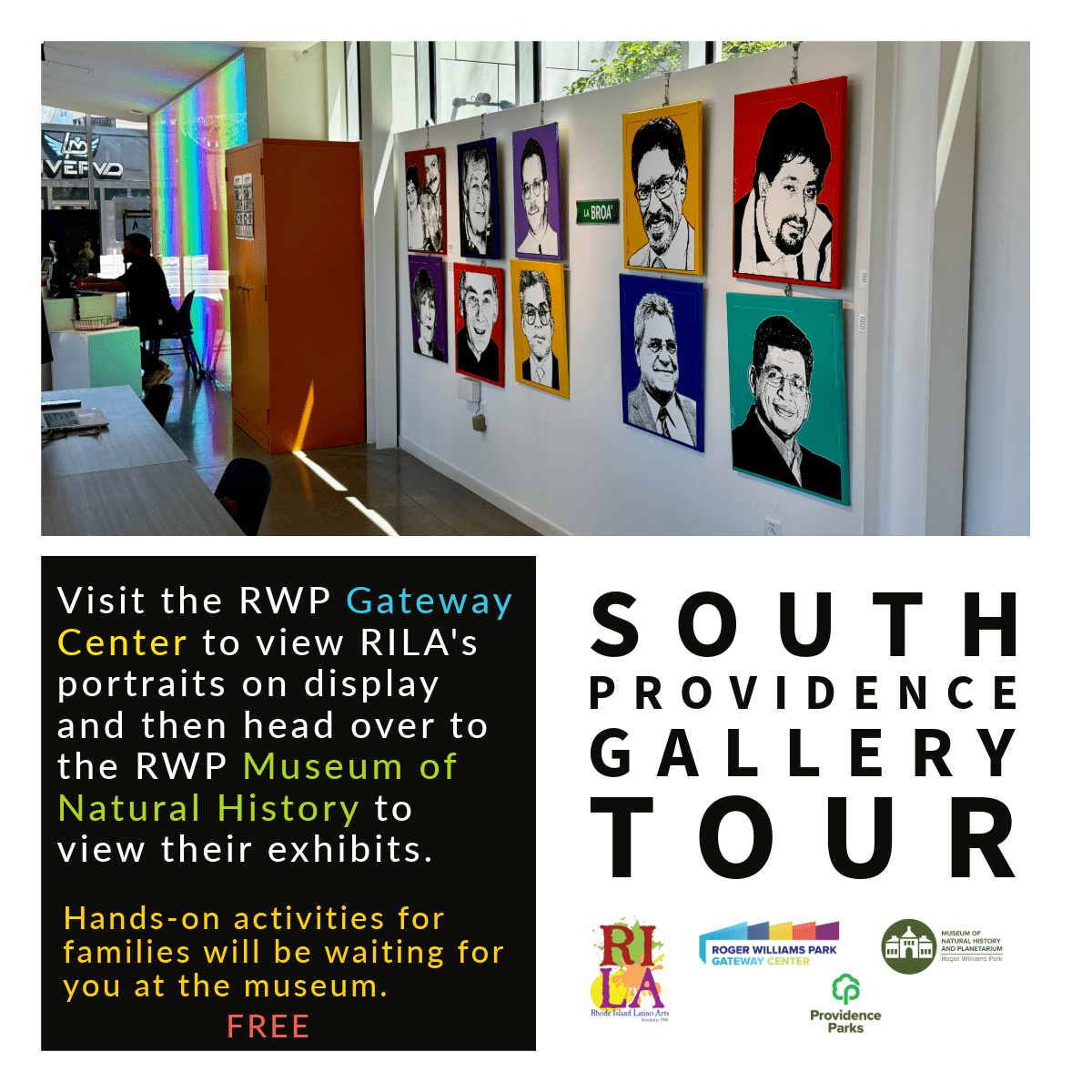 Colorful portraits line the wall in the RWP Gateway Center, with a visitor seated at a table.