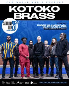 A diverse group of musicians poses together, promoting the Kotoko Brass concert at Roger Williams Park.