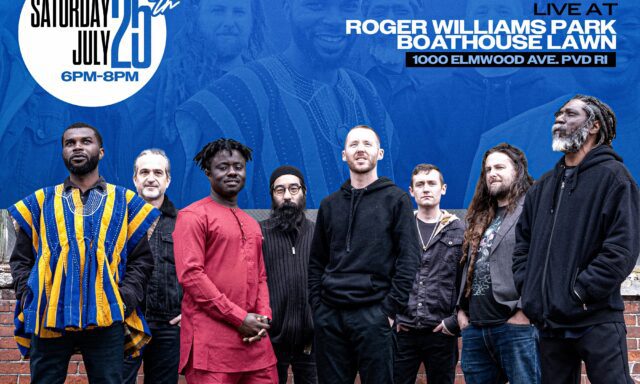 A diverse group of musicians poses together, promoting the Kotoko Brass concert at Roger Williams Park.