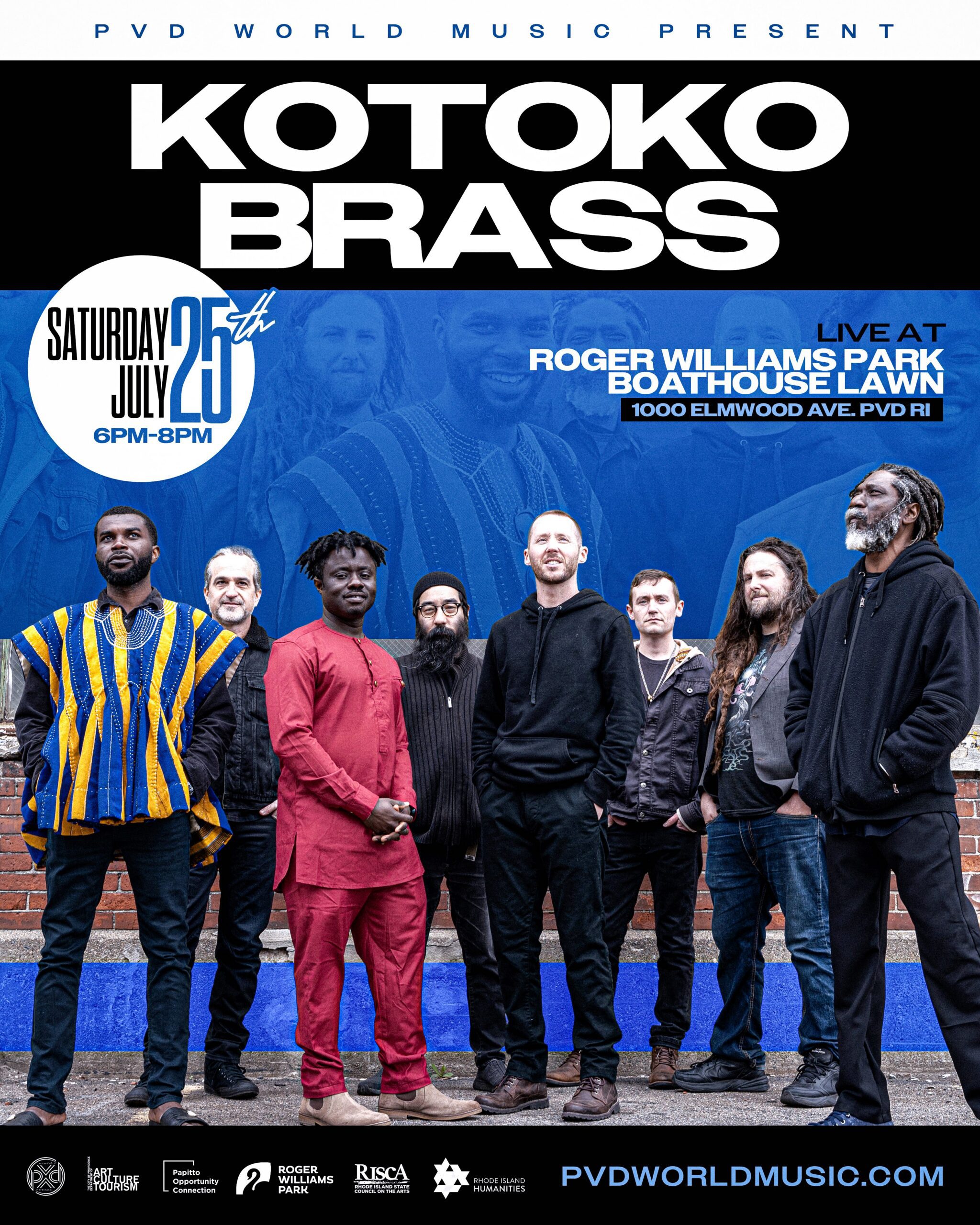 A diverse group of musicians poses together, promoting the Kotoko Brass concert at Roger Williams Park.
