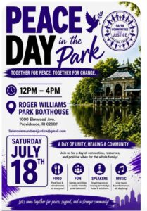 Event flyer for "Peace Day in the Park" at Roger Williams Park Boathouse, featuring activities, food, and speakers.