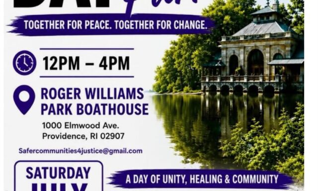 Event flyer for "Peace Day in the Park" at Roger Williams Park Boathouse, featuring activities, food, and speakers.
